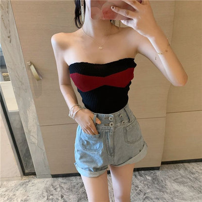 Ribbed Knit Strapless Tube Top in Two-Tone Design