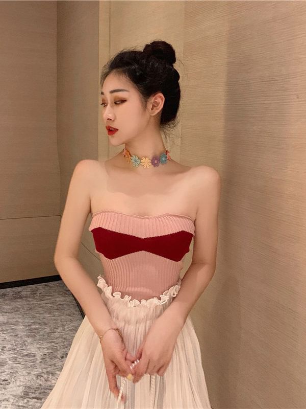 Ribbed Knit Strapless Tube Top in Two-Tone Design