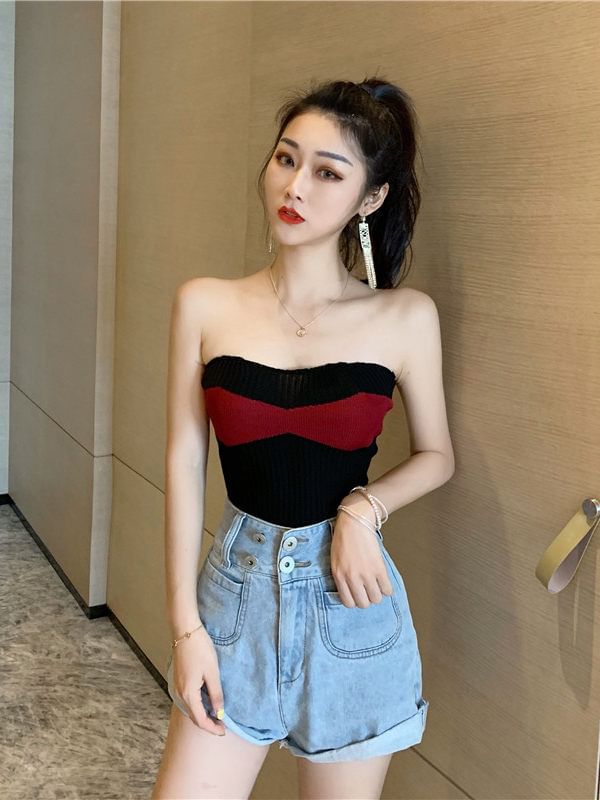 Ribbed Knit Strapless Tube Top in Two-Tone Design
