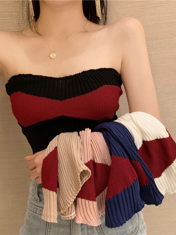 Ribbed Knit Strapless Tube Top in Two-Tone Design