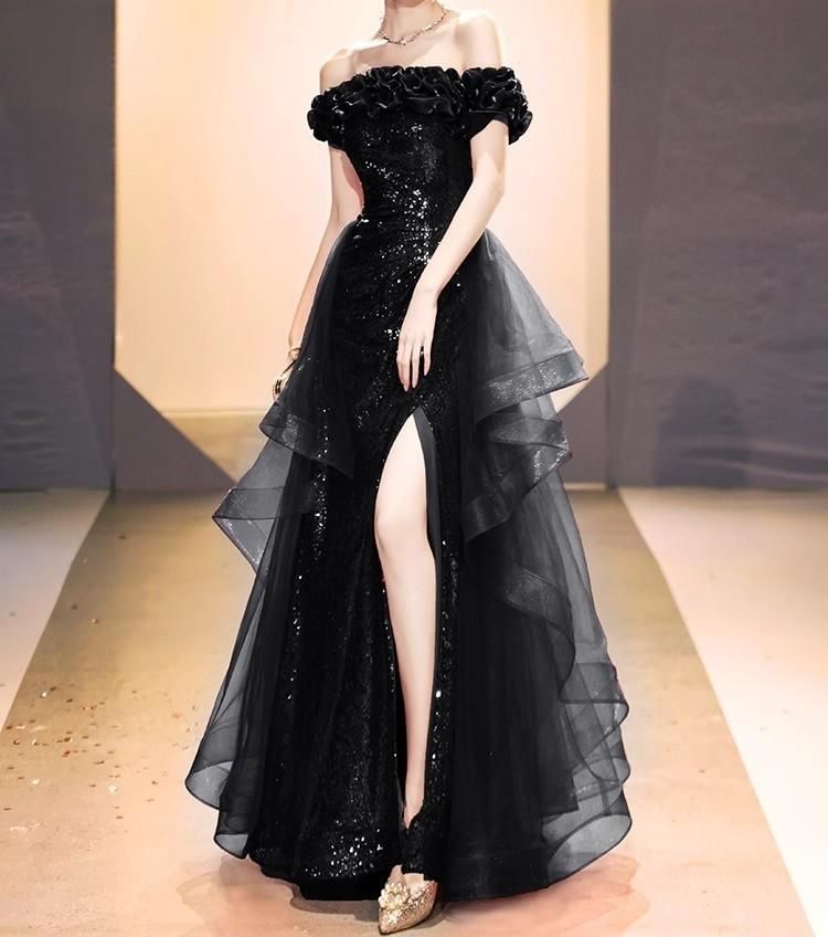 Off-Shoulder Sequin Slit A-Line Evening Gown