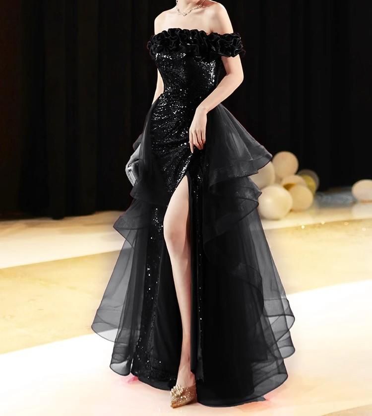 Off-Shoulder Sequin Slit A-Line Evening Gown
