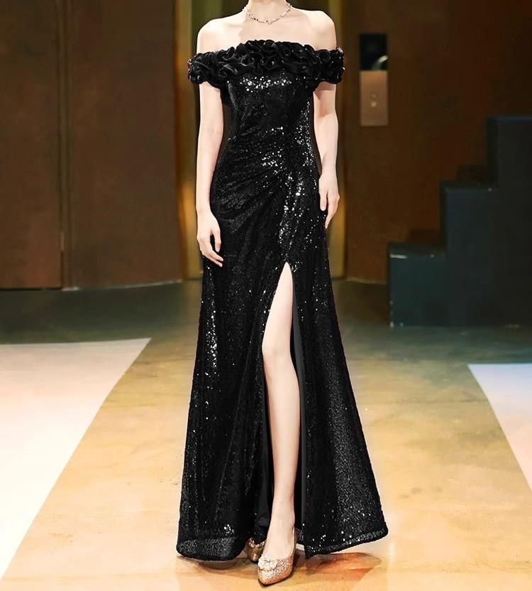 Off-Shoulder Sequin Slit A-Line Evening Gown