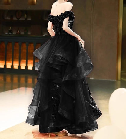 Off-Shoulder Sequin Slit A-Line Evening Gown