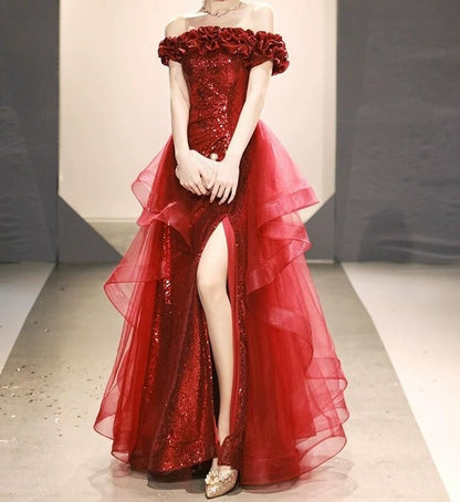 Off-Shoulder Sequin Slit A-Line Evening Gown