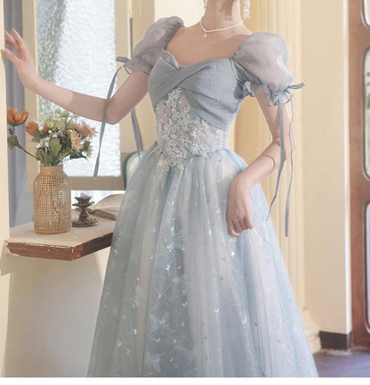 Puff-Sleeve Floral Embroidered A-Line Evening Gown