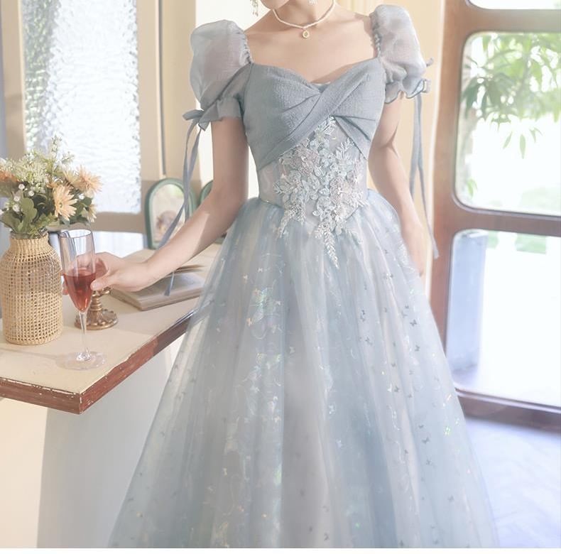 Puff-Sleeve Floral Embroidered A-Line Evening Gown