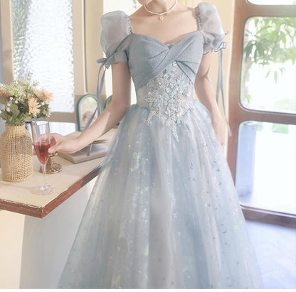Puff-Sleeve Floral Embroidered A-Line Evening Gown