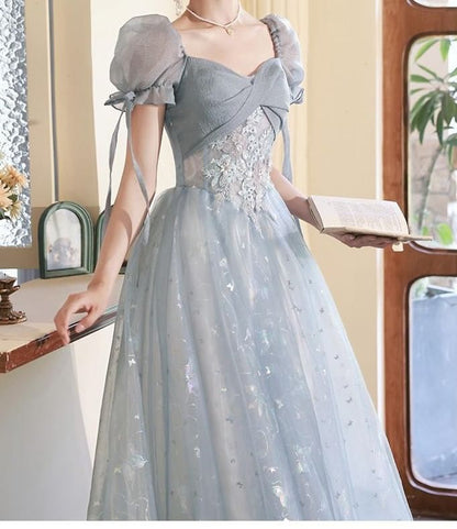 Puff-Sleeve Floral Embroidered A-Line Evening Gown
