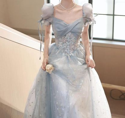 Puff-Sleeve Floral Embroidered A-Line Evening Gown