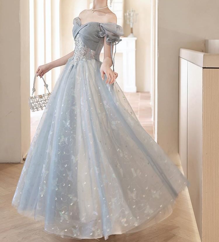 Puff-Sleeve Floral Embroidered A-Line Evening Gown