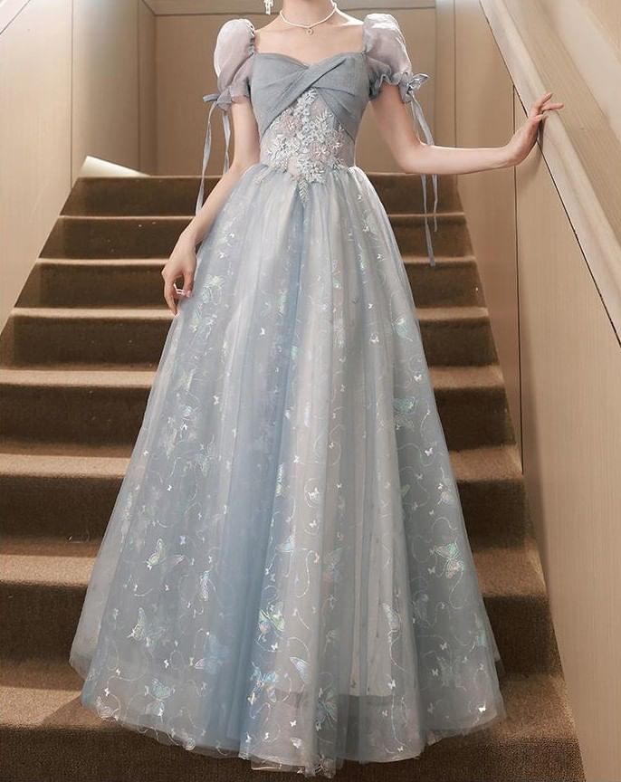 Puff-Sleeve Floral Embroidered A-Line Evening Gown