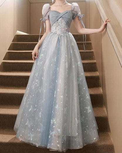 Puff-Sleeve Floral Embroidered A-Line Evening Gown