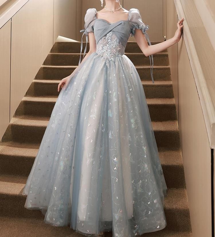 Puff-Sleeve Floral Embroidered A-Line Evening Gown