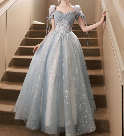 Puff-Sleeve Floral Embroidered A-Line Evening Gown