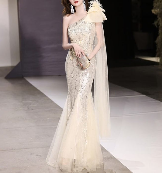 Sleeveless One-Shoulder Sequin Mermaid Evening Gown