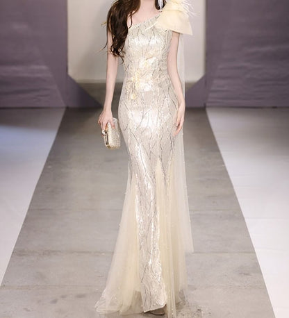 Sleeveless One-Shoulder Sequin Mermaid Evening Gown
