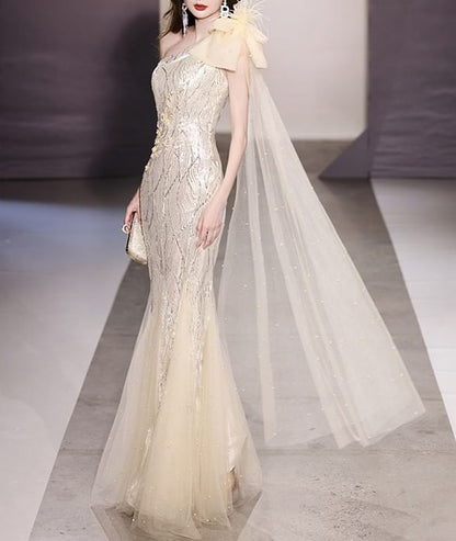 Sleeveless One-Shoulder Sequin Mermaid Evening Gown