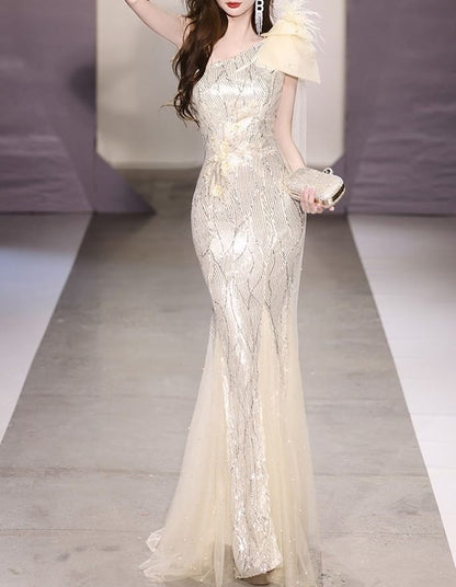 Sleeveless One-Shoulder Sequin Mermaid Evening Gown