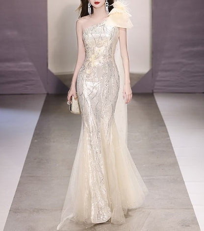 Sleeveless One-Shoulder Sequin Mermaid Evening Gown