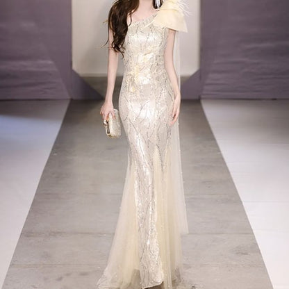 Sleeveless One-Shoulder Sequin Mermaid Evening Gown