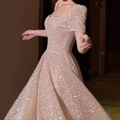 Short-Sleeve Square Neck Glitter Trained A-Line Evening Gown