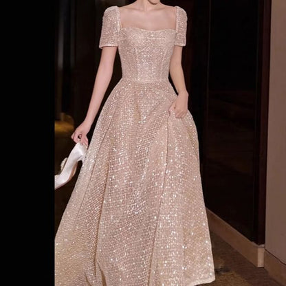 Short-Sleeve Square Neck Glitter Trained A-Line Evening Gown