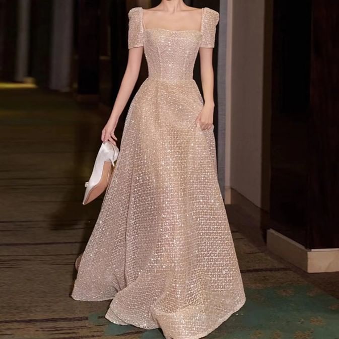 Short-Sleeve Square Neck Glitter Trained A-Line Evening Gown