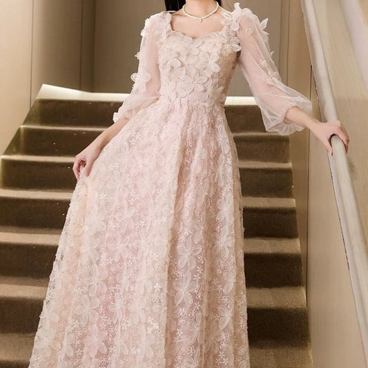 Long-Sleeve Square Neck Flower Accent Mesh A-Line Evening Gown