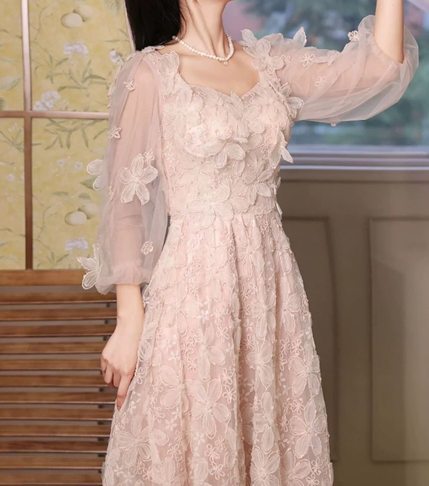 Long-Sleeve Square Neck Flower Accent Mesh A-Line Evening Gown