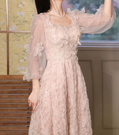 Long-Sleeve Square Neck Flower Accent Mesh A-Line Evening Gown