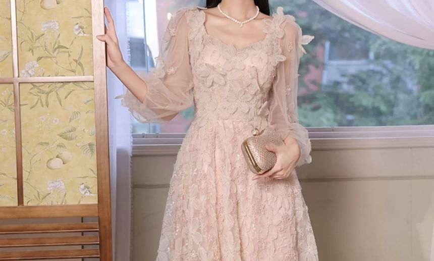 Long-Sleeve Square Neck Flower Accent Mesh A-Line Evening Gown