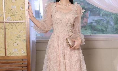 Long-Sleeve Square Neck Flower Accent Mesh A-Line Evening Gown