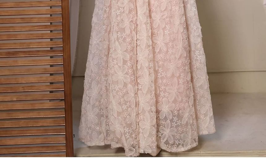 Long-Sleeve Square Neck Flower Accent Mesh A-Line Evening Gown