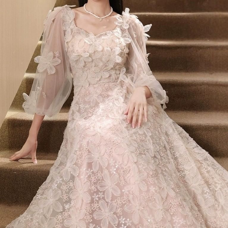 Long-Sleeve Square Neck Flower Accent Mesh A-Line Evening Gown
