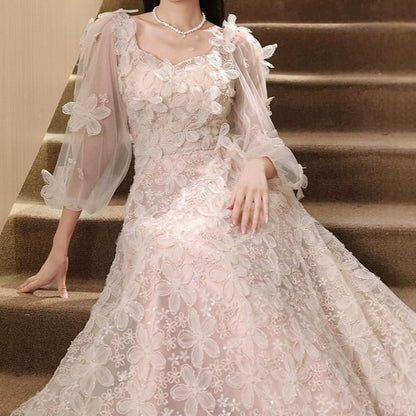 Long-Sleeve Square Neck Flower Accent Mesh A-Line Evening Gown