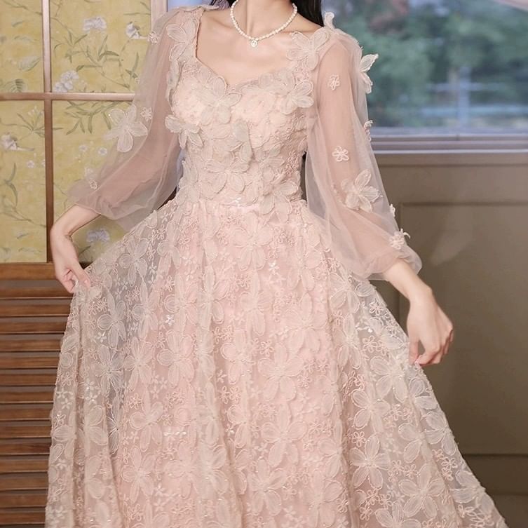 Long-Sleeve Square Neck Flower Accent Mesh A-Line Evening Gown