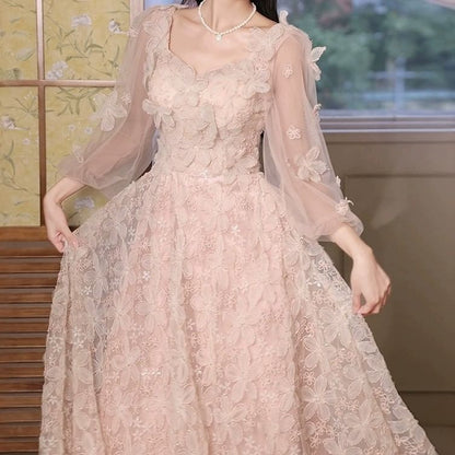 Long-Sleeve Square Neck Flower Accent Mesh A-Line Evening Gown