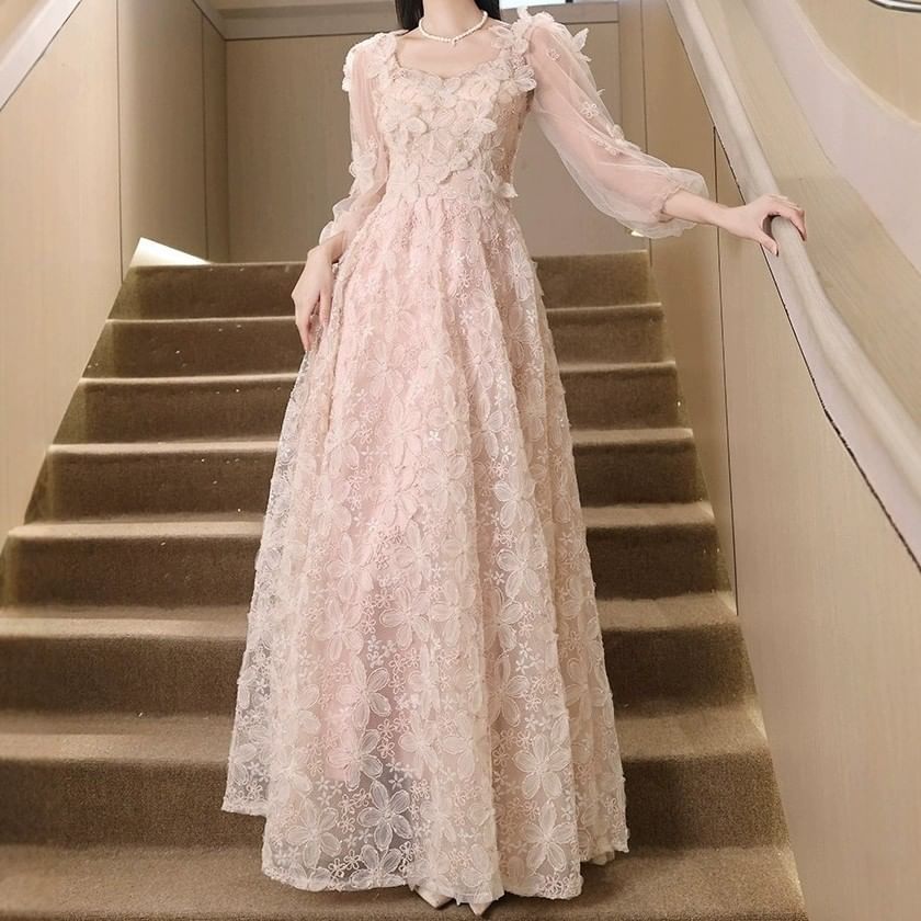 Long-Sleeve Square Neck Flower Accent Mesh A-Line Evening Gown