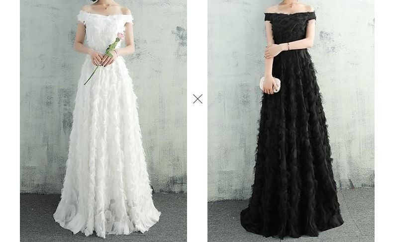 Off-Shoulder Plain Feather Accent A-Line Evening Gown