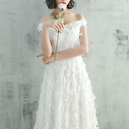 Off-Shoulder Plain Feather Accent A-Line Evening Gown