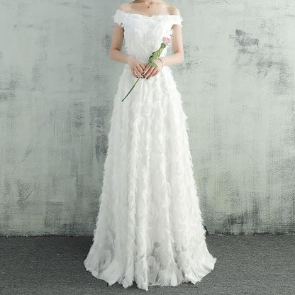 Off-Shoulder Plain Feather Accent A-Line Evening Gown