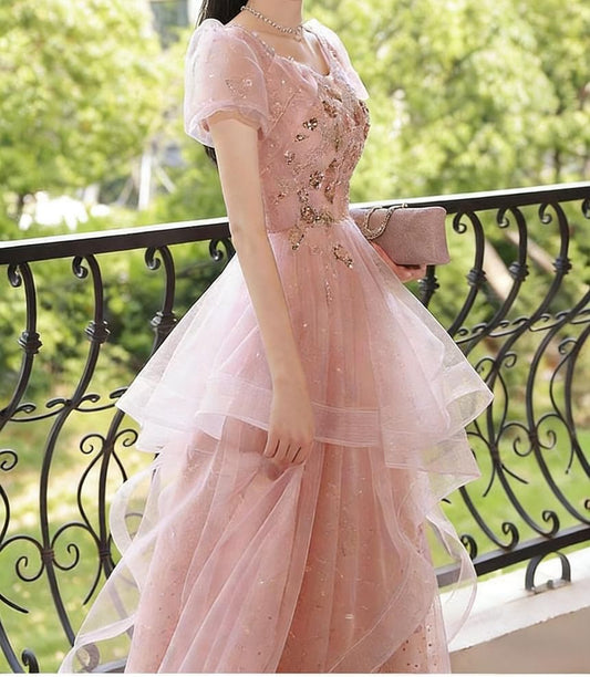 Puff-Sleeve V-Neck Sequin A-Line Evening Gown