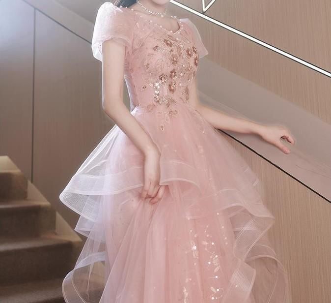 Puff-Sleeve V-Neck Sequin A-Line Evening Gown