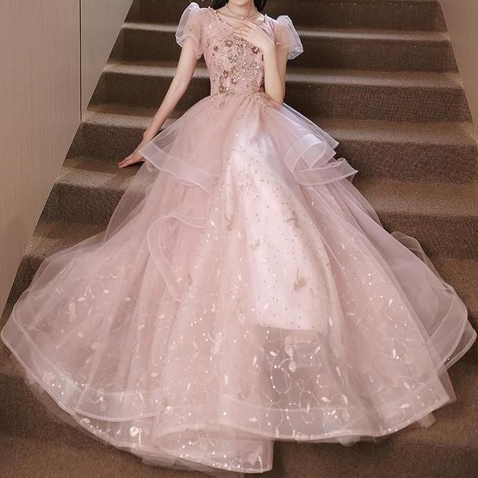 Puff-Sleeve V-Neck Sequin A-Line Evening Gown