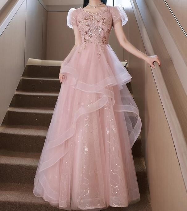 Puff-Sleeve V-Neck Sequin A-Line Evening Gown