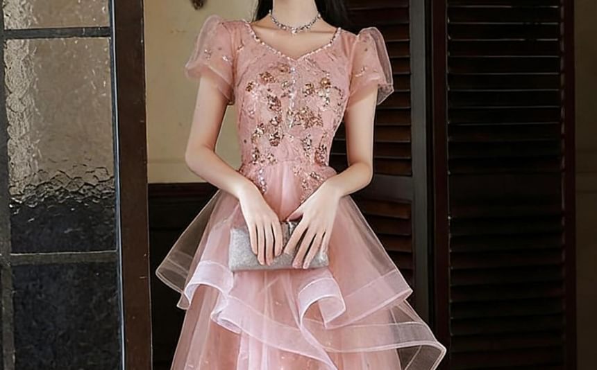 Puff-Sleeve V-Neck Sequin A-Line Evening Gown