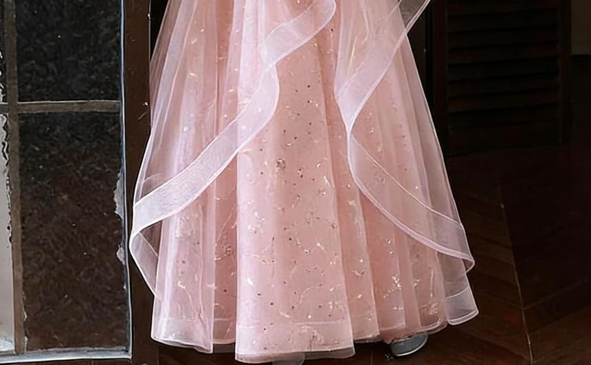 Puff-Sleeve V-Neck Sequin A-Line Evening Gown