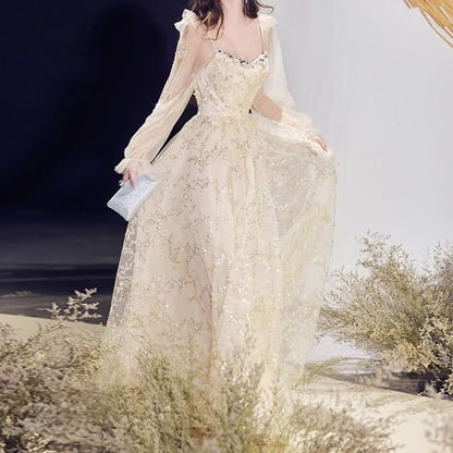 Long-Sleeve V-Neck Sequin A-Line Evening Gown