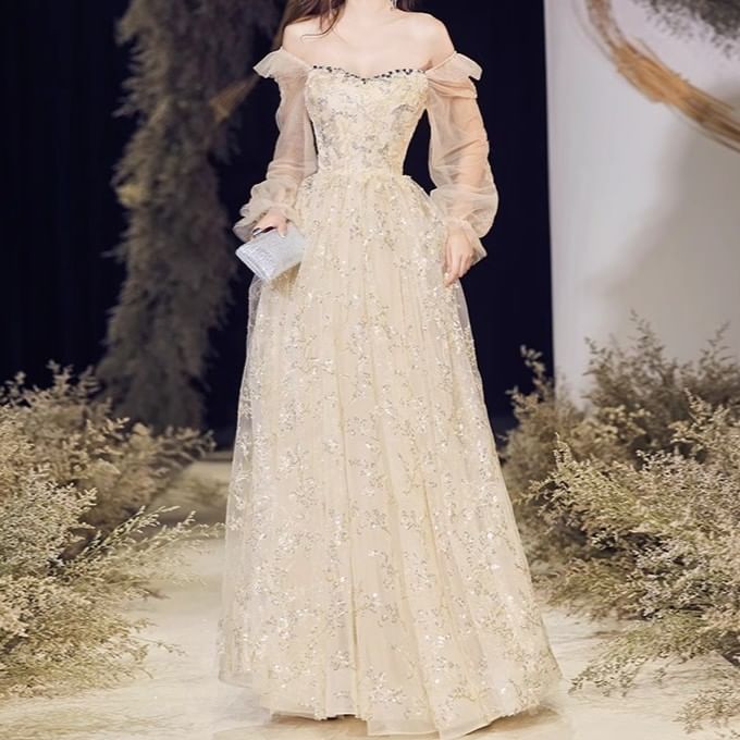 Long-Sleeve V-Neck Sequin A-Line Evening Gown